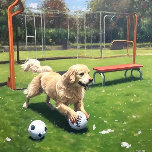 Prompt: An oil painting of a golden retriever playing with a football in the garden that has benches and swings