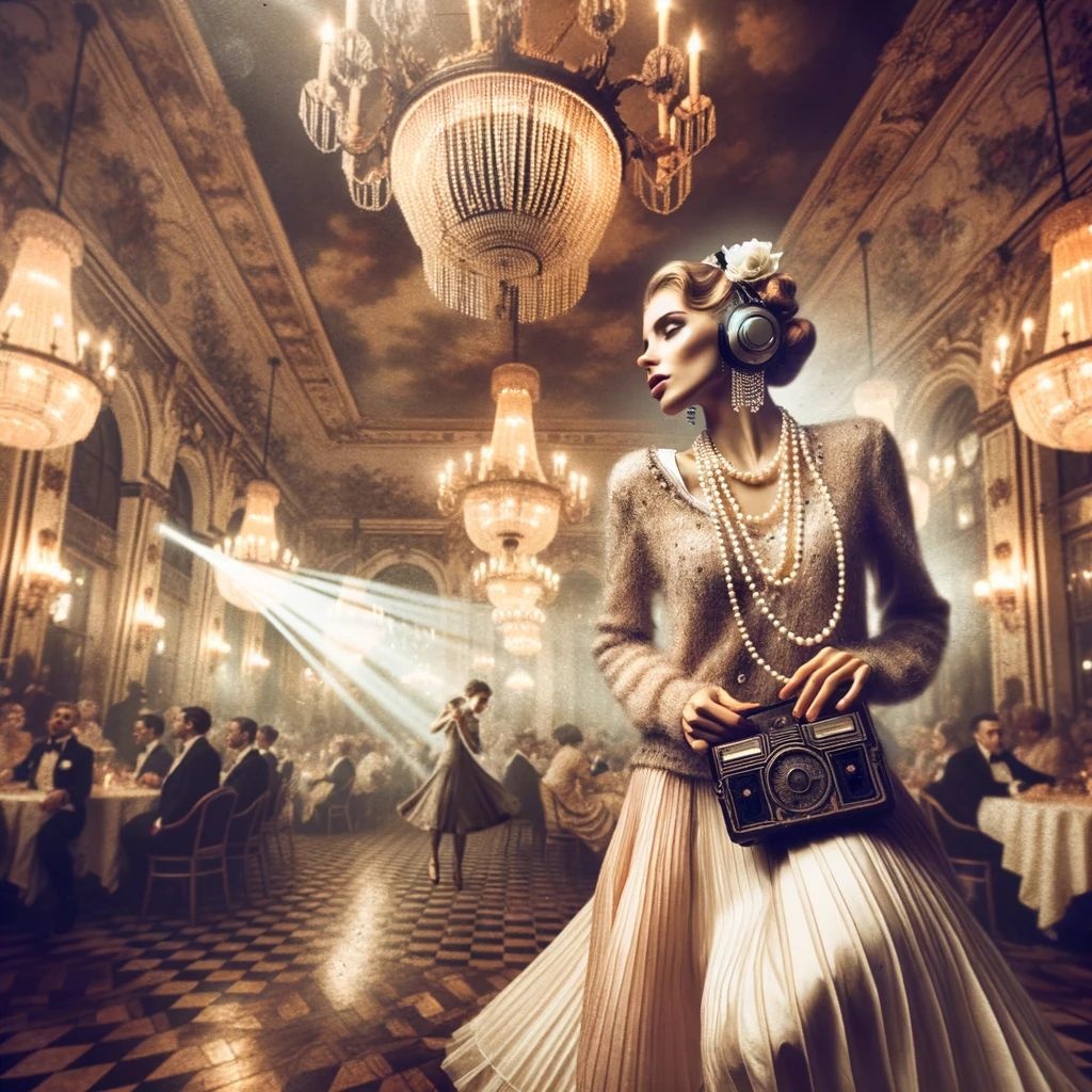 Prompt: time-worn image of a young lady in electro swing outfit, swaying to the tunes in an antique ballroom with chandeliers