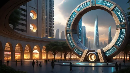 Prompt: magical portal between cities realms worlds kingdoms, circular portal, ring standing on edge, upright ring, freestanding ring, hieroglyphs on ring, complete ring, ancient persian architecture, gardens, hotels, office buildings, shopping malls, large wide-open city plaza, turned sideways view, futuristic cyberpunk tech-noir setting