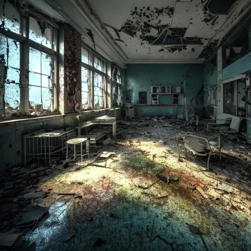 Prompt: a photo of a abandoned hospital interior. peeling paint, broken glass, volumetric lighting,  photorealism, beautiful, cinematic dramatic atmosphere, volumetric cinematic perfect light, 