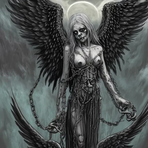 Prompt: Horror Angel with broken bones and tattered wings carrying lots of chains