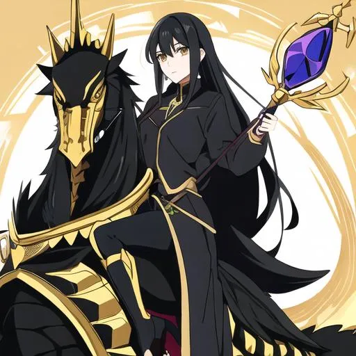 Prompt: Generate an anime style feminine male with long, black hair riding a golden alligator carrying a magical scepter