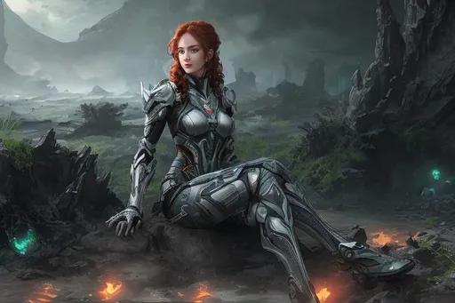 Prompt: Tall Caucasian female with curly red hair earing silver biomechanical warframe armor. She is sitting at the bottom of a desolate crater. surrounded by chunks of obsidian. She is surrounded by glowing green mist. Behance HD
