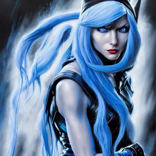 Prompt: UHD, hd , 8k, oil painting, hyper realism, Very detailed, comic book character, zoomed out view, full body of character in view, female with long blue hair using a water spell, she wears a blue witch hat, she wears a dark knight returns style outfit wearing armor with a blue trench coat over top
