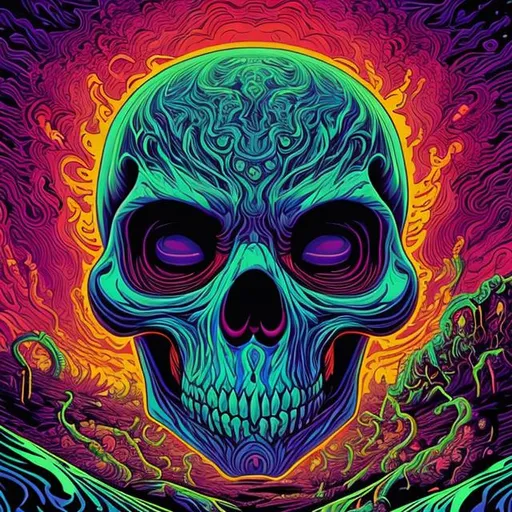 Prompt: Hypnotic illustration of a burning skull hypnotic psychedelic art by Dan Mumford, pop surrealism, dark glow neon paint, mystical, Behance