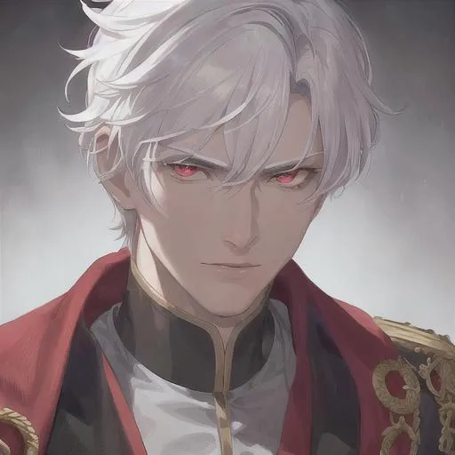 Prompt: "A close-up photo of a handsome prince with short hair, white hair, glowing red eyes, wearing a kings robe, in hyperrealistic detail, with a slight hint of disgust in his eyes. His face is the center of attention, with a sense of allure and mystery that draws the viewer in, but his eyes are also slightly downcast, as if a sense of disgust is lingering in his thoughts. The detailing of his face is stunning, with every pore, freckle, and line rendered in vivid detail, but the image also captures the subtle emotions of disgust that might lie beneath his surface."