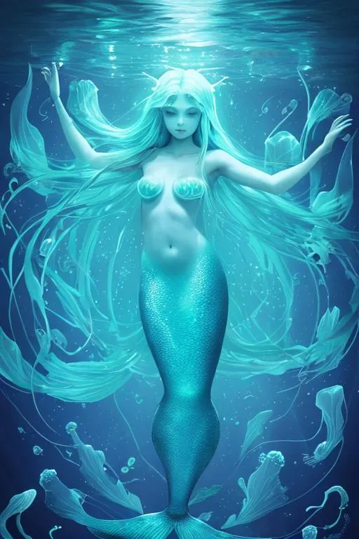 Prompt: Among Us"Design an incredible image of a mermaid, deep in the ocean depths, surrounded by a school of luminescent jellyfish and bioluminescent plankton."
