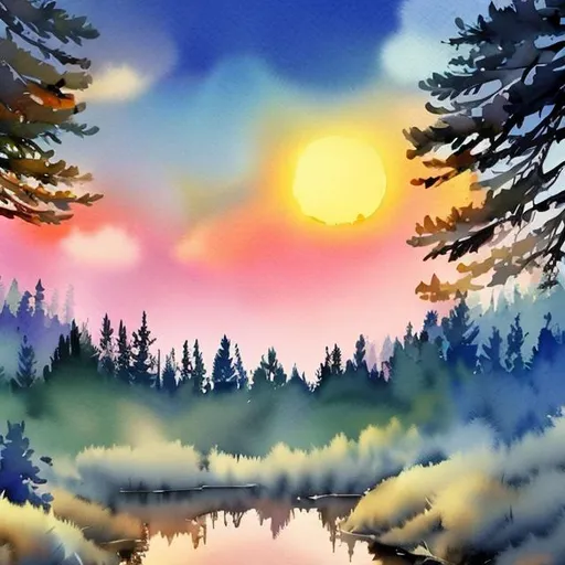 Prompt: Watercolor outdoorsy scenery, pine trees, sunset, transparent background, 