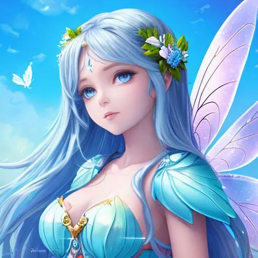 Prompt: fairy goddess, blue sky background, closeup