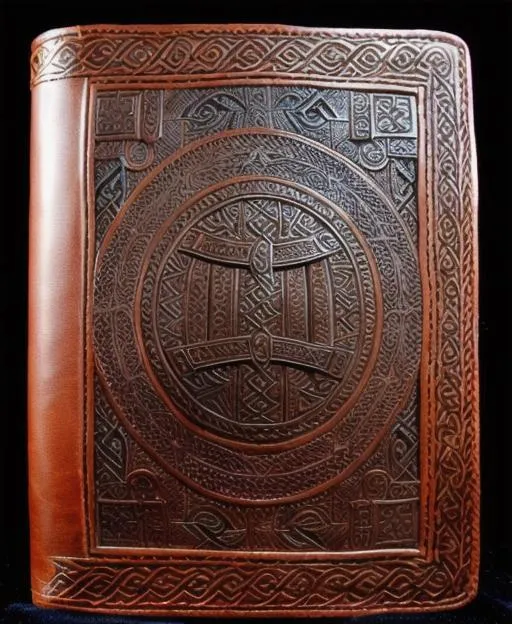 Prompt: A carved leather bookcover about thor  ,with intricate background details from norse and celtic symbols