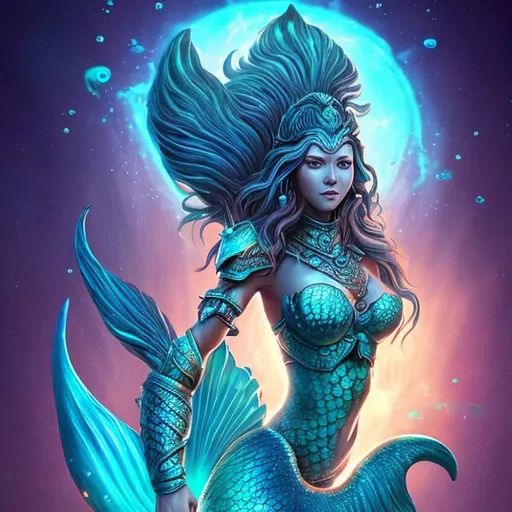 Prompt: mermaid warrior god with a bident, cosmic water, 3D, cinematic