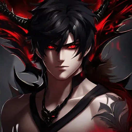 Prompt: Damien (male, short black hair, red eyes) a sadistic look on his face, demon form