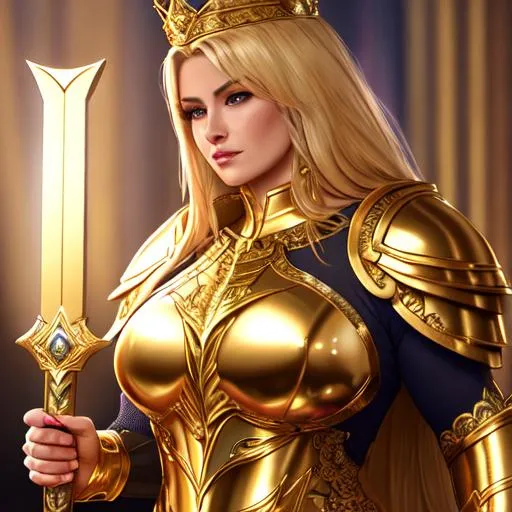 Prompt: Woman, stunning, gorgeous, thick, muscular, strong, fit, queen, paladin, wearing a golden armor, holding a golden sword in hand fantasy, UHD, 8k, high quality, ultra quality, perfect composition, trending art, trending on artstation, sharp focus, studio photo, intricate details, cinematic lighting, special effects, hyper realism, hyper realistic, Very detailed, high detailed face, high detailed eyes, oil painting, full body, portrait