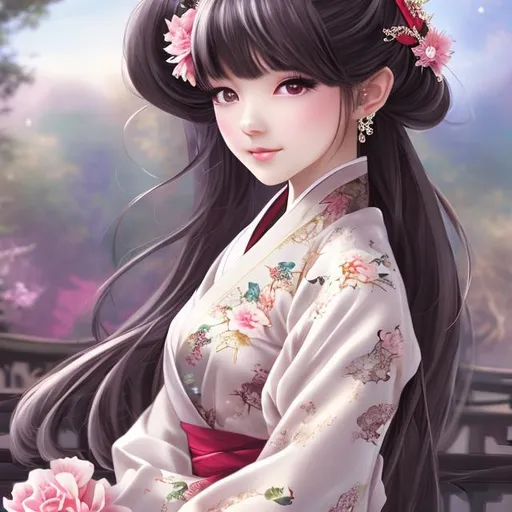 Prompt: cute, beautiful, elegant, anime girl, Chinese type, wearing kimono, with so much detail.