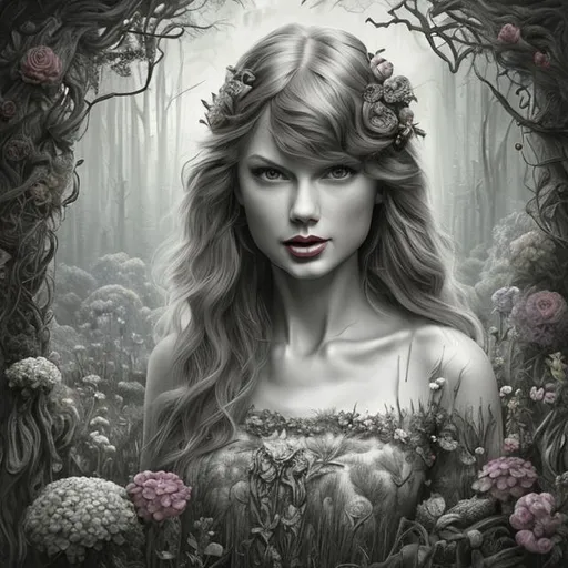 Prompt: generate me a Taylor Swift album cover concept with no words whatsoever on it called "Flora" which features a rustic, forest-like aesthetic true to her later eras such as Evermore and Folklore. it must be highly realistic detailed, 4k HD with sunlight shining over taylor, a detailed body with no words. it can be black and white.