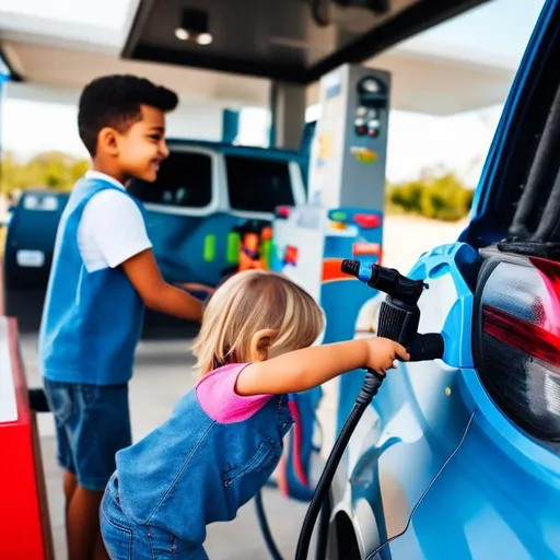 Prompt: the kids fuel the car with gas at the gas station