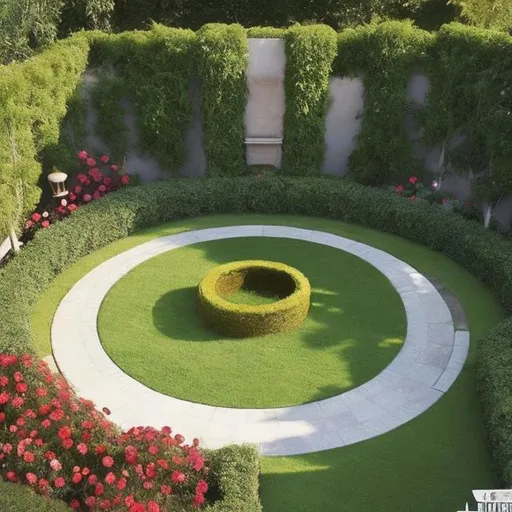 Prompt: 
Build a circular garden with a diameter of 16 meters at the center of a backyard, with an enclosed fence approximately 50.2 meters to enclose the circular garden with a fountain in the garden. 

Place a tree that is nice in the garden, make sure there are 2 people sitting on a bench. Do whatever you could take to make it good. 

It shall look like it is drawn


