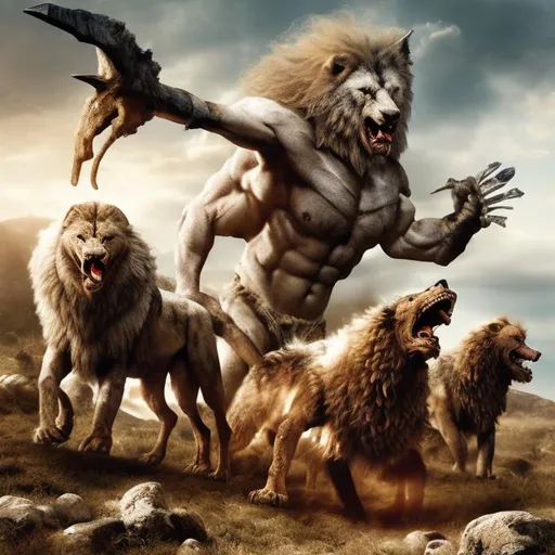Prompt: our tribe of cavemen retreat our wolves from the beast that is the legendary woolly lion behemoth