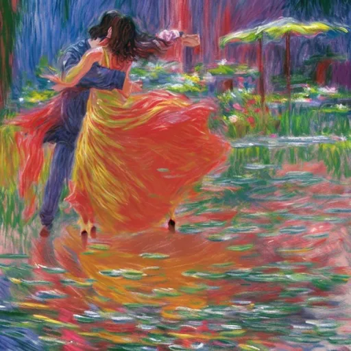 Prompt: Two people dancing intertwining in their own world. A painting I do not want to see visible faces, but I wanted to be like Monet style.

