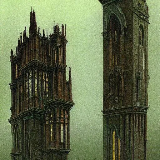 Prompt: Beksinski gothic windows tower, giant tower, Ominous, fog, dark-green colours, dark colours