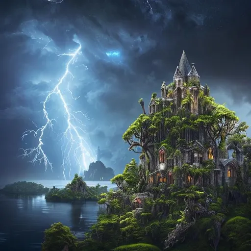 Prompt: Floating overgrown forest island, castle ruins, lightning storm in the night sky, mystical