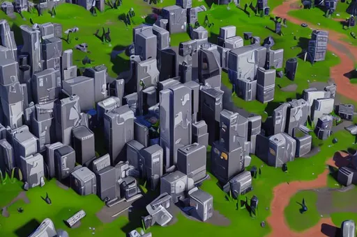 Prompt: thick grey shiny chrome liquid consuming fortnite map