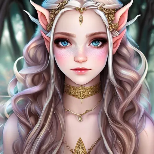 Prompt: elf female, cleric, dungeons and dragons, light blonde hair, green eyes, female, light tan, long hair, braids in hair, light freckles on cheeks, natural makeup, leather armour, revealing armour, elven city background, divine magic, beautiful face, angelic magic, wings, flowers in hair, silver in hair, gold in hair, elven female, fantasy, elf ears, natural appearance, magic in hands, natural skin, healthy skin, 8K resolution, UHD, Ultra realistic, natural lighting, cinema lighting, super fine detail, high quality, fine-tune, hair jewellery, realistic, ultra-high resolution, composition, focused, in the frame.