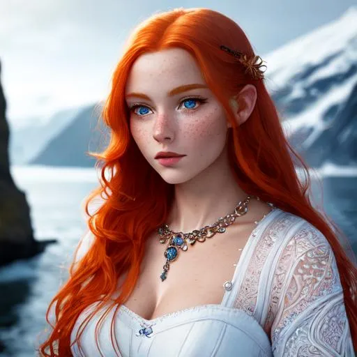 Prompt: masterpiece intricate hyperdetailed elaborate Norwegian young redhead woman, snowy, icy, Nordic, Viking, fjord-filled, legendary, historic, pretty, young, beautiful, charming, graceful, lovely, cute, attractive, elegant, stunning, radiant, sun, daylight, gloom, sun rays, full body, necklace, ginger, freckles, freckled, waterfall