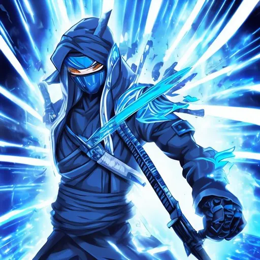 Prompt: Anime cyber ninja with color blue and white