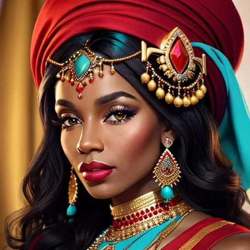 Prompt: Beautiful black woman. color scheme of tuquoise and red., wearing turquoise and gold jewlery, wearing a red hat, facial closeup