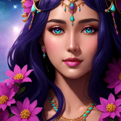 Prompt: Cosmic Epic Beautiful goddess, facial closeup, mauve flowers and turquoise jewelry