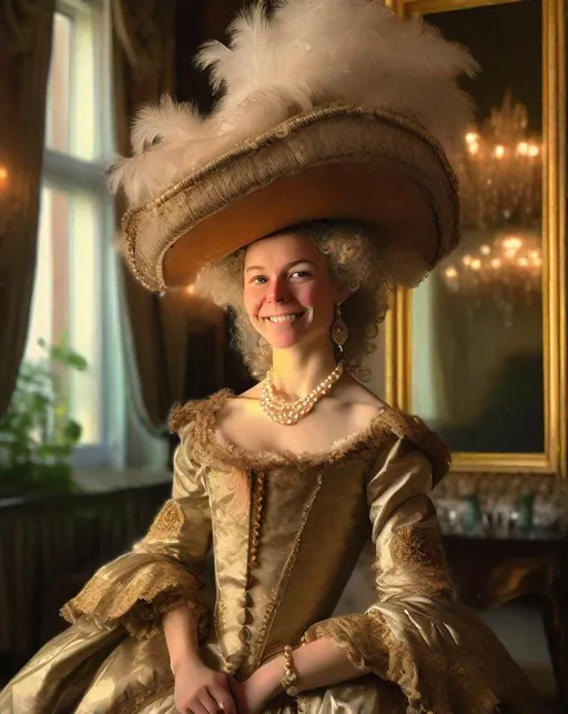 Prompt: An elegant Polish noblewoman in an ornate Rococo-era gown poses in a lavish drawing room. Her powdered hair is styled high in voluminous curls adorned with pearls. She smiles coyly, one hand adjusting a feathered hat. Oil paintings in gilded frames hang on damask walls behind her. Shot using Rembrandt lighting, baroque ambiance.