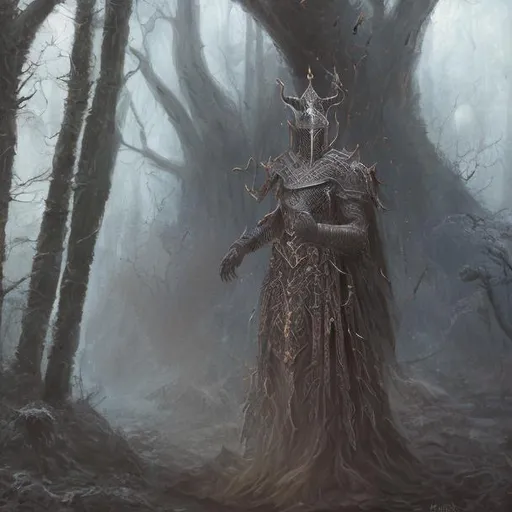 Prompt: A painting of a menacing knight in a dark shaded armor, medieval, natural light, moon, illustration, oil painting, 4k, realistic, brown, skinny, lich king, forest, arms, hands, fist, remove, hands