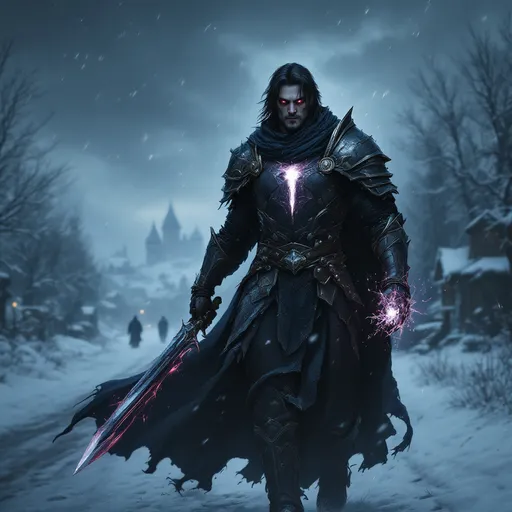 Prompt: Human male, gray color skin, 33 years old, dark hair, dressed in damaged Paladin armor, large stab hole in chest, holding a magical two handed sword in one hand while his other hand is holding  a Eldridge Blast dark energy.  Light red eyes. Half light and dark aura around him.  He is walking towards a small snowy town on the road in the night time. Fantasy.  Perpetual darkness in the sky.  
Detailed, realistic, natural lighting. Icewind Dale.  Paladin/Warlock character.  Dungeons and Dragons. Damaged armor.  Hole in chest piece by his heart. Sword glowing dark energy. Hand glowing dark.