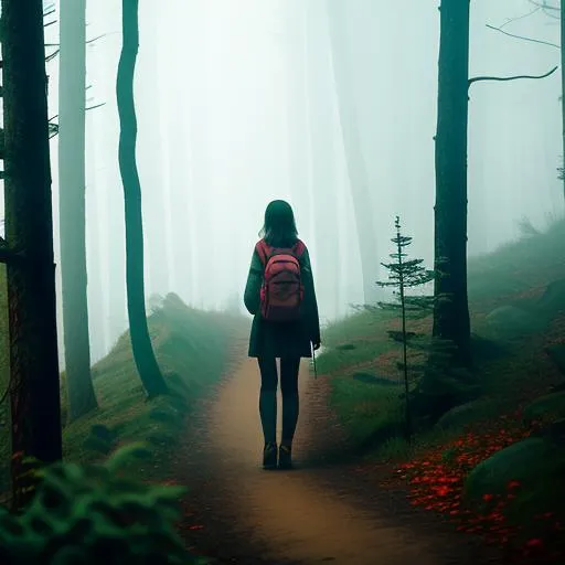 Prompt: A teenage girl walking in creepy hilly forest at morning, with fog, cabin, in the limbo, Silent Hill inspired.