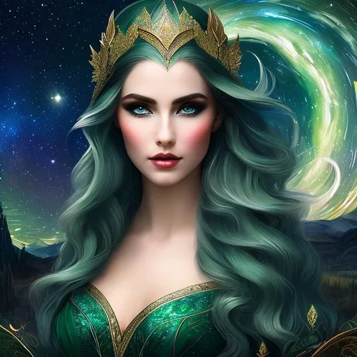 Prompt: Gorgeously queen of elves with green eyes in starry night, portrait, 1/3 portrait, concept art, mid shot, intricately detailed, color depth, cinematic, oil splashes, intricate detailed