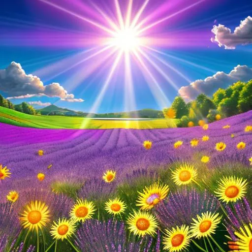 Prompt: Sun rays shining down over a field of multicolored flowers around a Lake, Vivid Colors, hyperdetailed, photorealistic, Beautiful Details, intricate Details, Colorful, Film Quality, 3D, 64K resolution, Dynamic Lighting, Sun Spot, Detailed Flower Peddles. daisies and lavender in the forefront