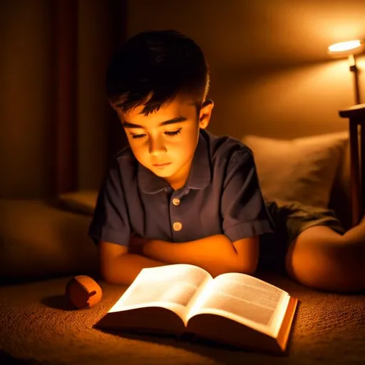 Prompt: Boy reading a book, portrait, under candle light