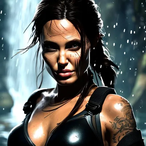Prompt: beautiful centered Fine art photo Face portrait of Angelina Jolie as a Lara Croft woman from Tomb Raider Videogame, treading on underwater, wear her wet diving suit and diving mask in every parts with one diving knife, photorealistic, waterfall and jungle background, highly detailed and intricate, sunset lighting, HDR 8k
