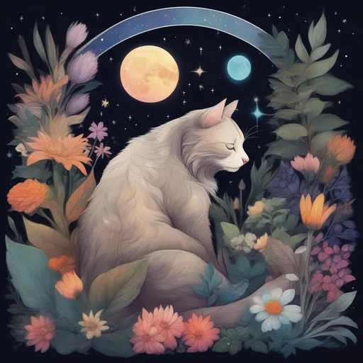 Prompt: A house cat cuddling on top of a bear, surrounded by plants and flowers in a colourful and semi-realistic painted style, framed by the moon and constellation,