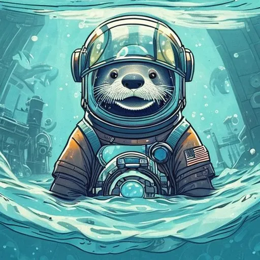 Prompt: A Magical Otter wearing an astronaut helmet. It is under water next to a sunken ship. Make this in a magical art style.