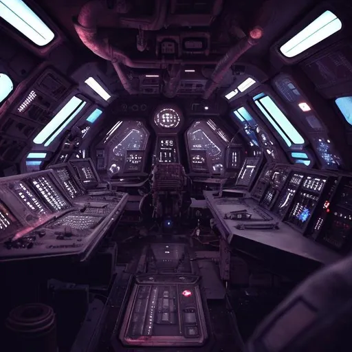 Prompt: Bridge of a small, dirty spaceship, industrial, buttons, flat screens, chairs, outer space, dark, deep space