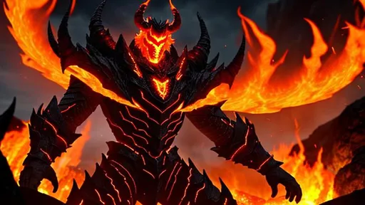 Prompt: Standing at over seven feet tall, Inferno is covered in dark, hardened lava that acts like an exoskeleton. His head resembles a demonic mask with horns, and his hollow hole is located at the center of his chest. His eyes glow with a fiery light, and cracks in his hardened lava skin reveal a burning interior. He wields a large, flame-engulfed broadsword.