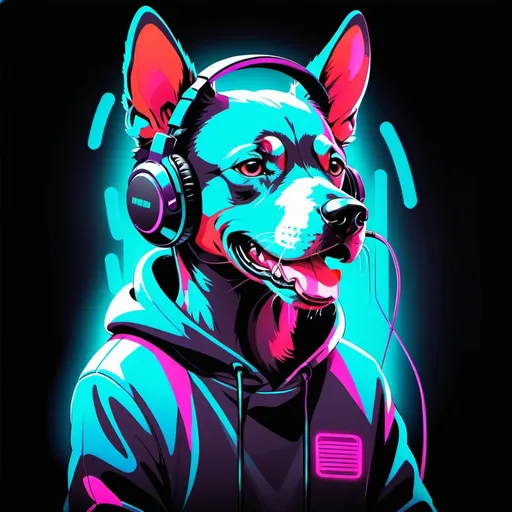 Prompt: Anime illustration of a cool dog, neon-colored background, stylish sweatshirt, headphones, microphone in mouth, dark background, vector art, funky style, high-res, hd, detailed, professional, anime, neon colors, stylish design, cool lighting, atmospheric, artistic, microphone detail, sleek design, futuristic