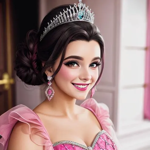 Prompt:  princess wearing pink, dark  hair in an updo, wearing a tiara, pretty makeup, radiant smile, facial closeup