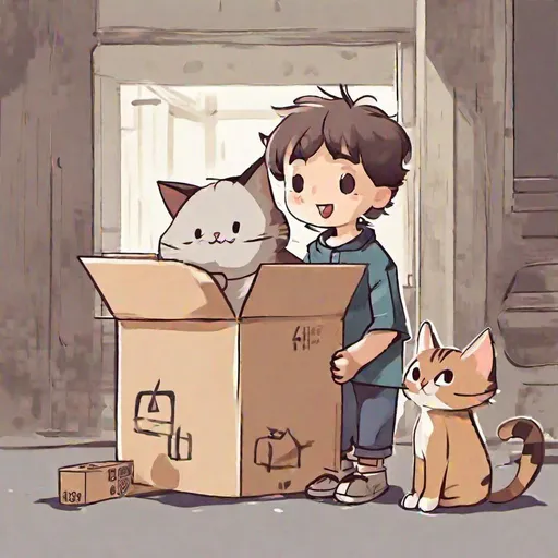 Prompt: Boy and cat with carton style 