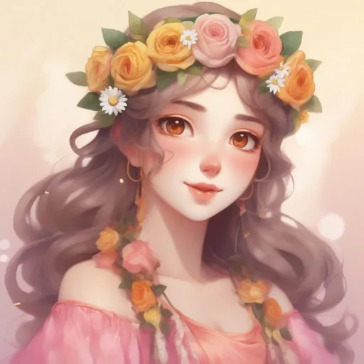 Prompt: Selkie, wearing a flower headband, pink and orange roses with white daisy's and yellow flowers, best quality, masterpiece, in cartoon style
