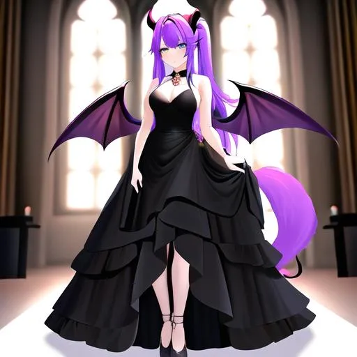 Prompt: Haley  as a demon horse hybrid (bright multi-color hair) (multi-color eyes) wearing a black wedding dress (demon tail) (black demon wings) standing at the altar in hell, looking sad