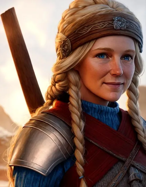 Prompt: Digital Art, 40-year-old viking woman, blonde hair, subtle smile, Flowing Curls and blonde Braids, light blue eyes, white viking gear, white viking armor, unreal engine 8k octane, 3d lighting, full body, full armor