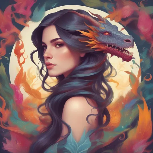 Prompt: A colourful and beautiful Persephone, brunette hair and with her hair being made out of magic, with a dragon in a painted style